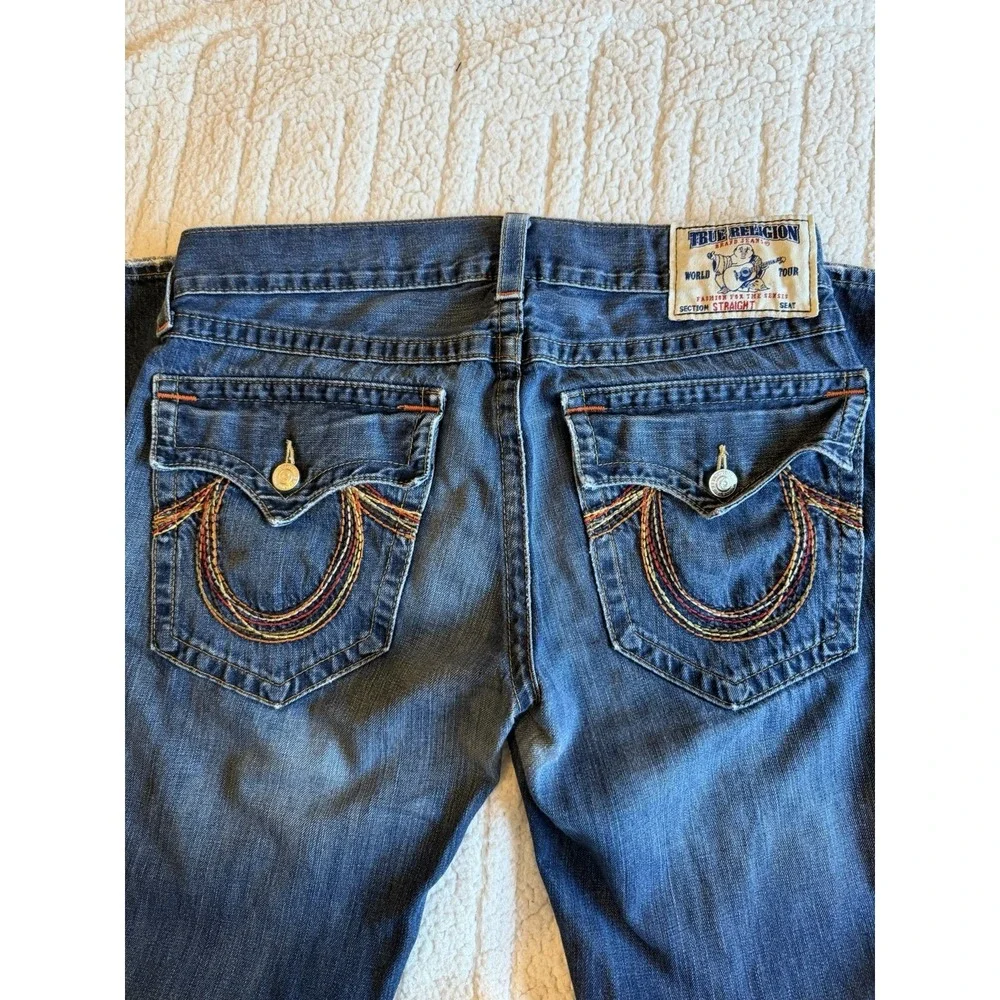 True Religion Jeans Mens Blue Dark Wash Rainbow Billy Straight Whisker Size 34